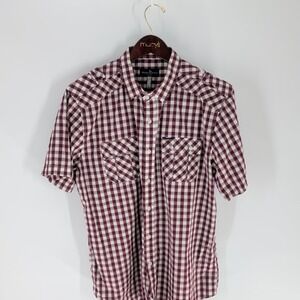 Marc Ecko Cut & Sew Short Sleeve Gingham Checks Button-Up Shirt Red White Size L